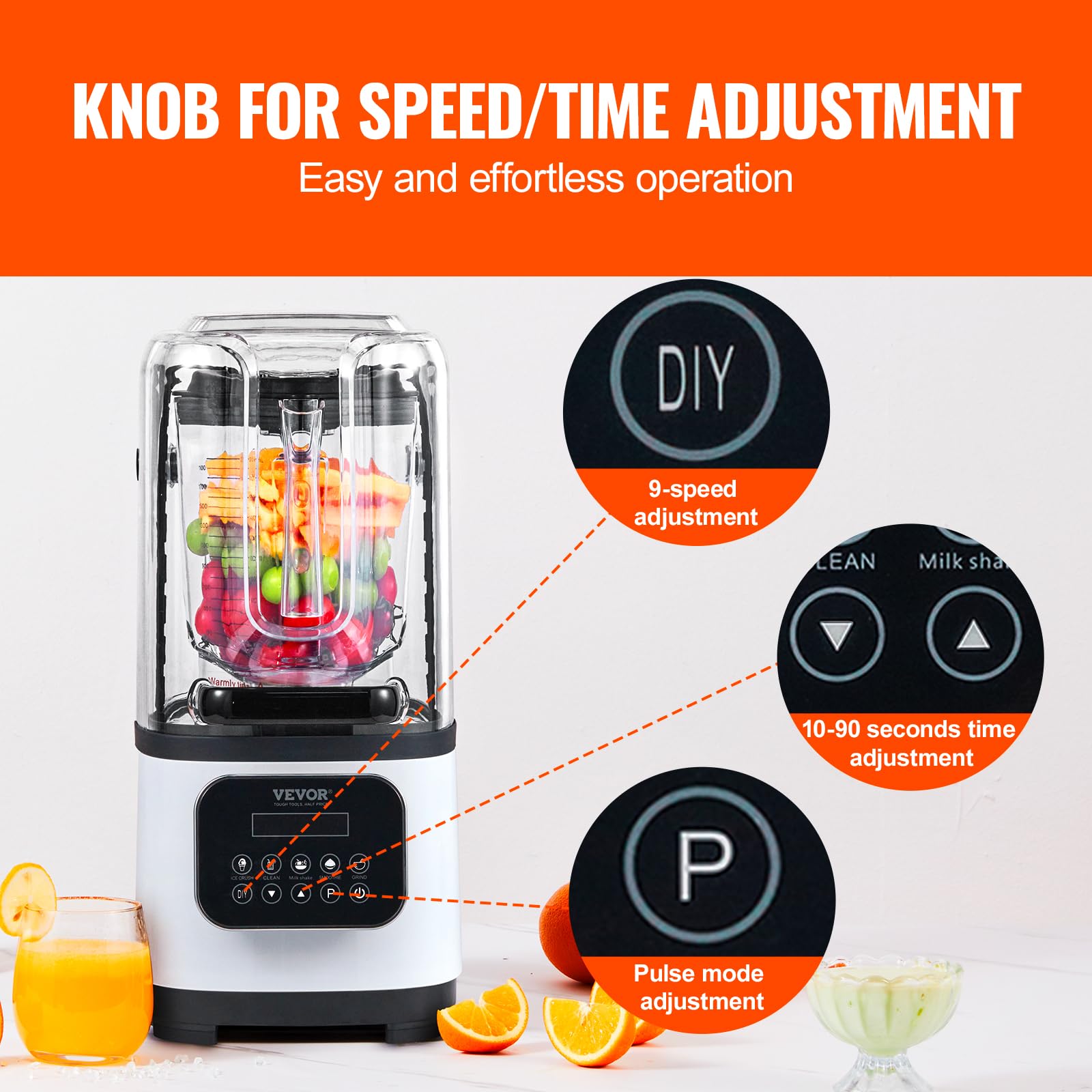 Vevor Professional Blender With Shield, Commercial Countertop Blenders, 68 Oz Jar Blender Combo, Stainless Steel 9 Speed & 5 Fun